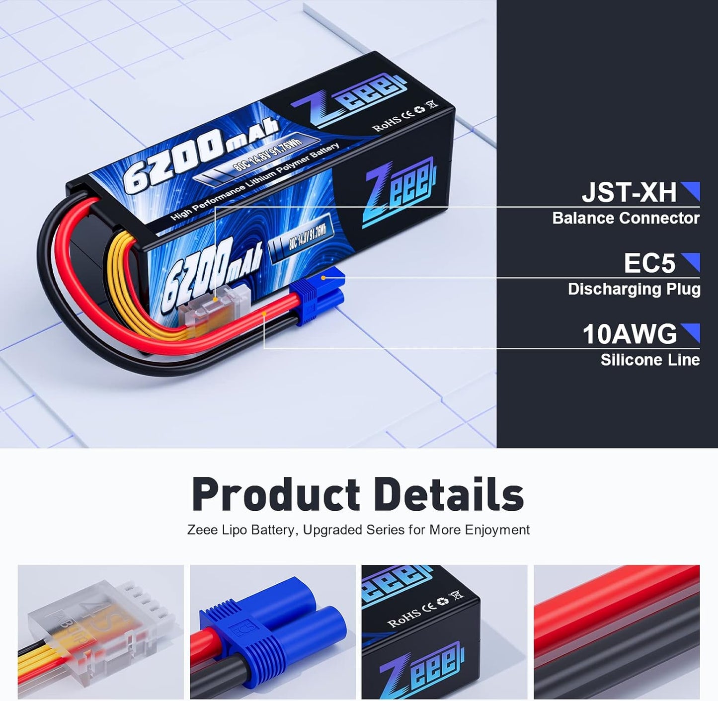 Zeee 4S Lipo Battery 6200mAh 14.8V 80C Hard Case Battery with EC5 Connector for Car Truck Tank RC Buggy Truggy Racing Hobby(2 Packs)