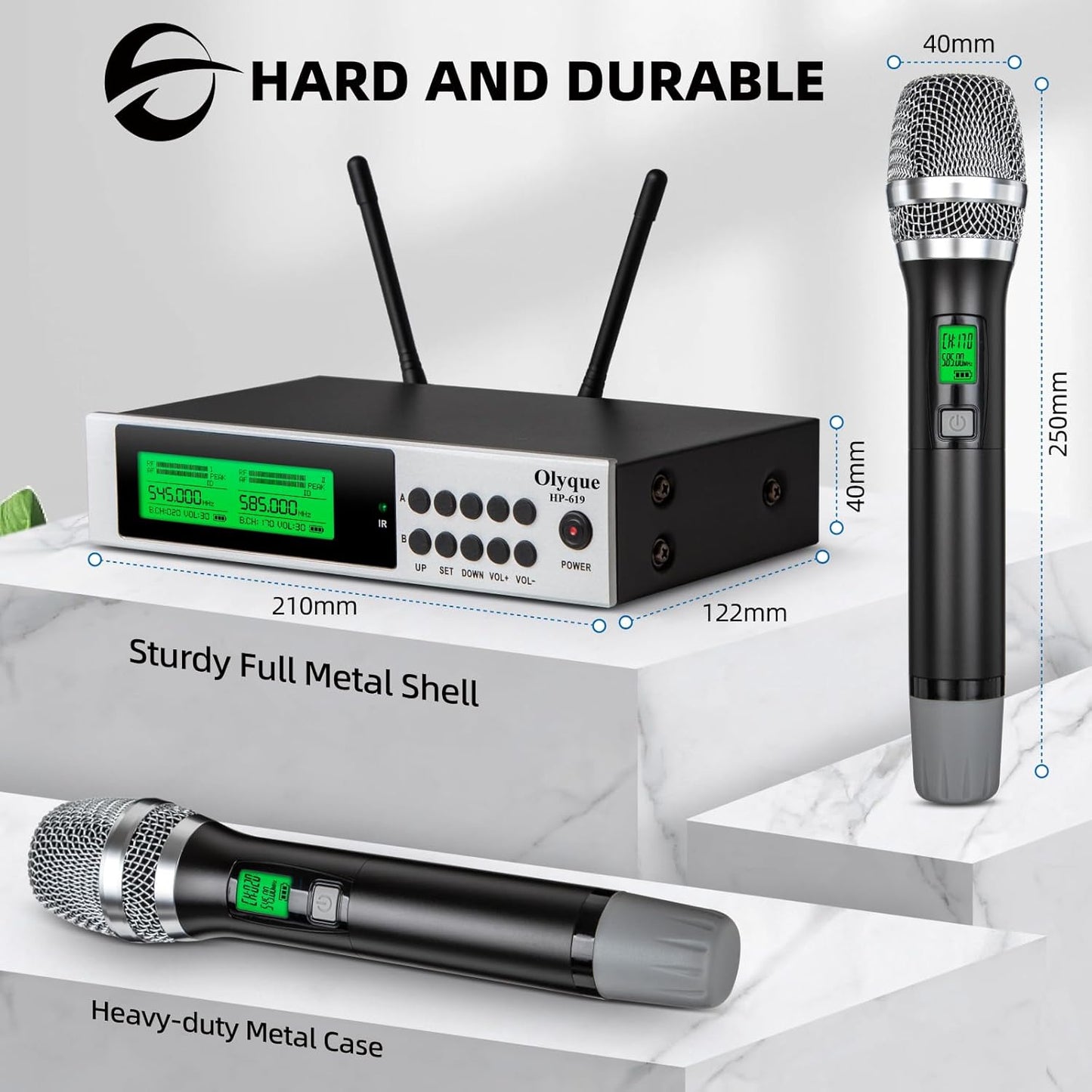 Olyque Wireless Microphones, All Metal Dynamic Professional UHF Dual Handheld Cordless Microphone, Auto Scan, 300ft for Parties, Events and Church(HP-619)