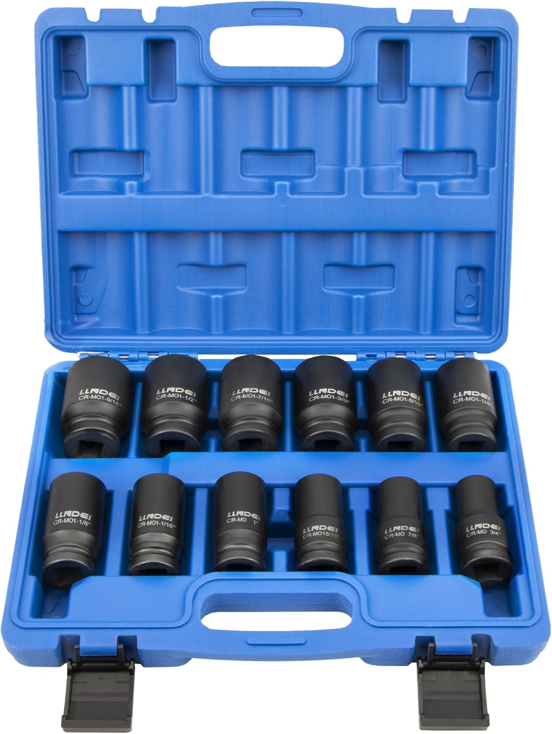 LLNDEI 3/4 inch Drive Impact Socket Set, 12 Piece Heavy Duty CR-MO Deep/Jumbo Sockets 6 Point Design, SAE 3/4" to 1-9/16", for Large Vehicle and Apparatus Maintenance