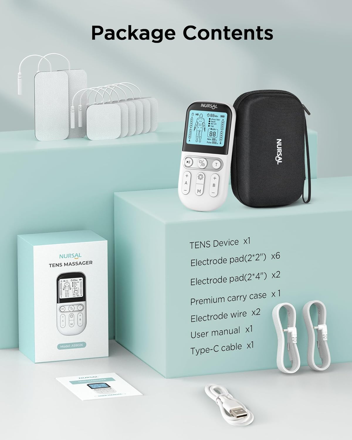 NURSAL Dual Channel 3-in-1 TENS Unit Muscle Stimulator, EVA Travel Case Electronic Pulse Massager, 24 Modes TENS EMS Machine