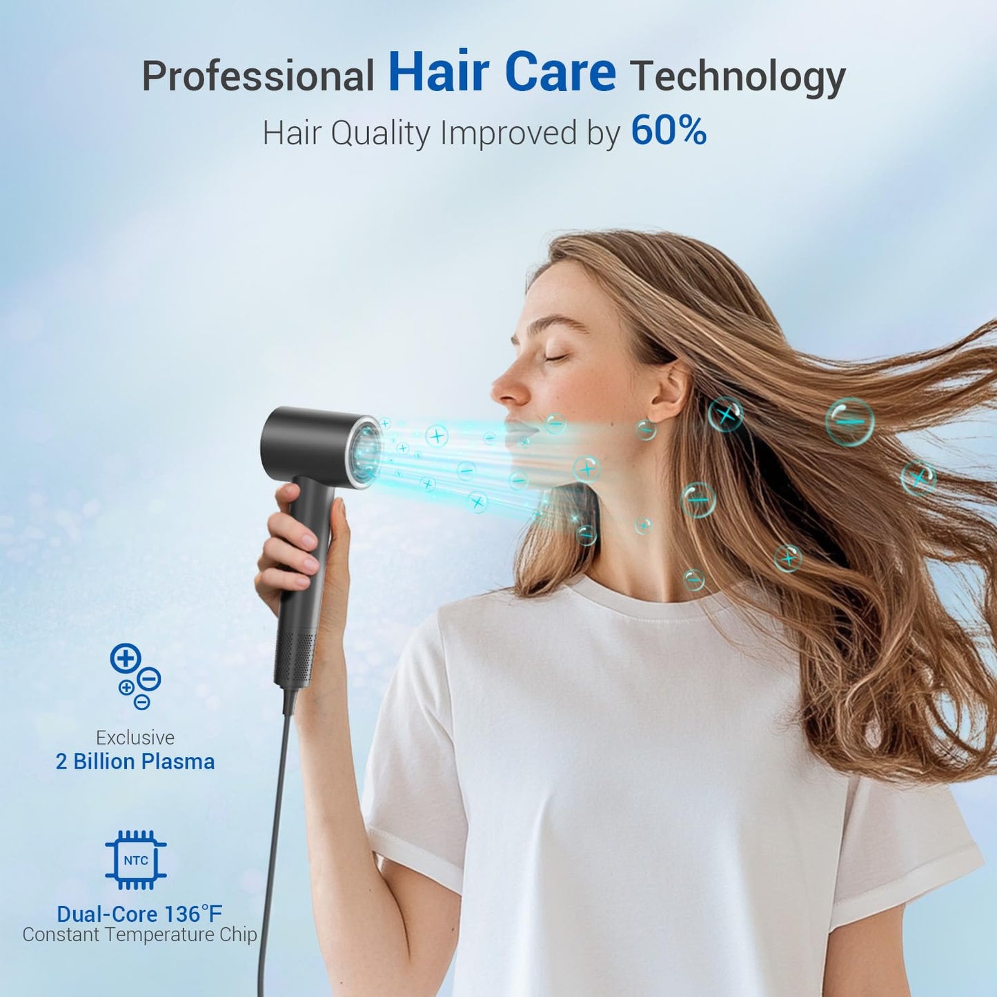 Hair Dryer with 110K RPM High Speed 1400w Motor for 1-4min Fast Dry, 49db Low Noise & 0.86lb Lightweight,2 Billion Plasma & Smart Thermo Control & Strong Magnetic Nozzle Diffuser (Darkgray)