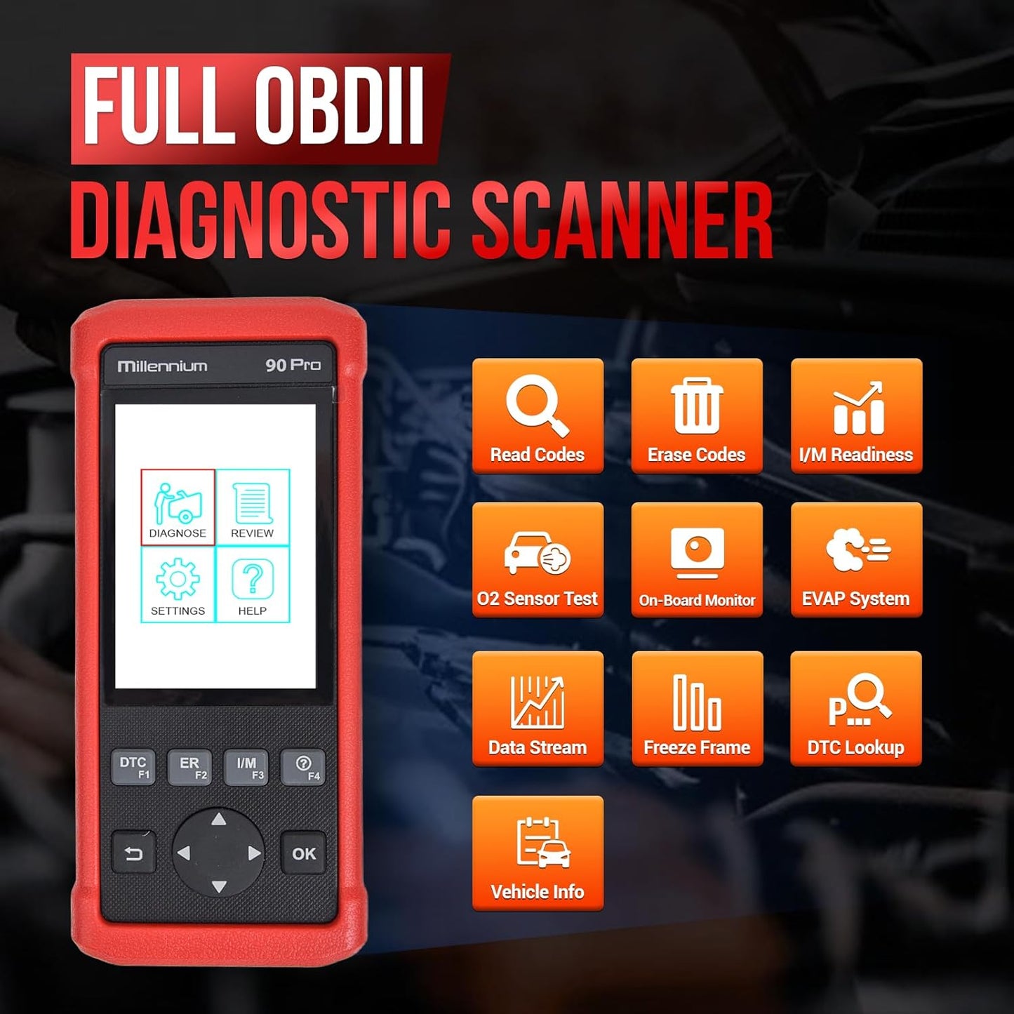 OBD2 Scanner LAUNCH Millennium 90 Pro Car Scanner, Full OBD2 Code Reader, Diagnostic Scan Tool for ABS SRS at Engine, with Oil EPB BMS ABS Bleeding SAS Reset Service Functions, Lifetime Free Update
