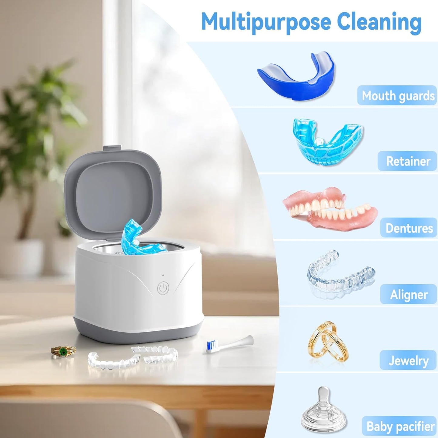 Ultrasonic Retainer Cleaner, Portable Dentures Cleaner Machine with 7.5OZ 46KHz, ATCKIT Dental Cleaner for Mouth Guard, Braces, Aligner, Jewelry, Earring, White