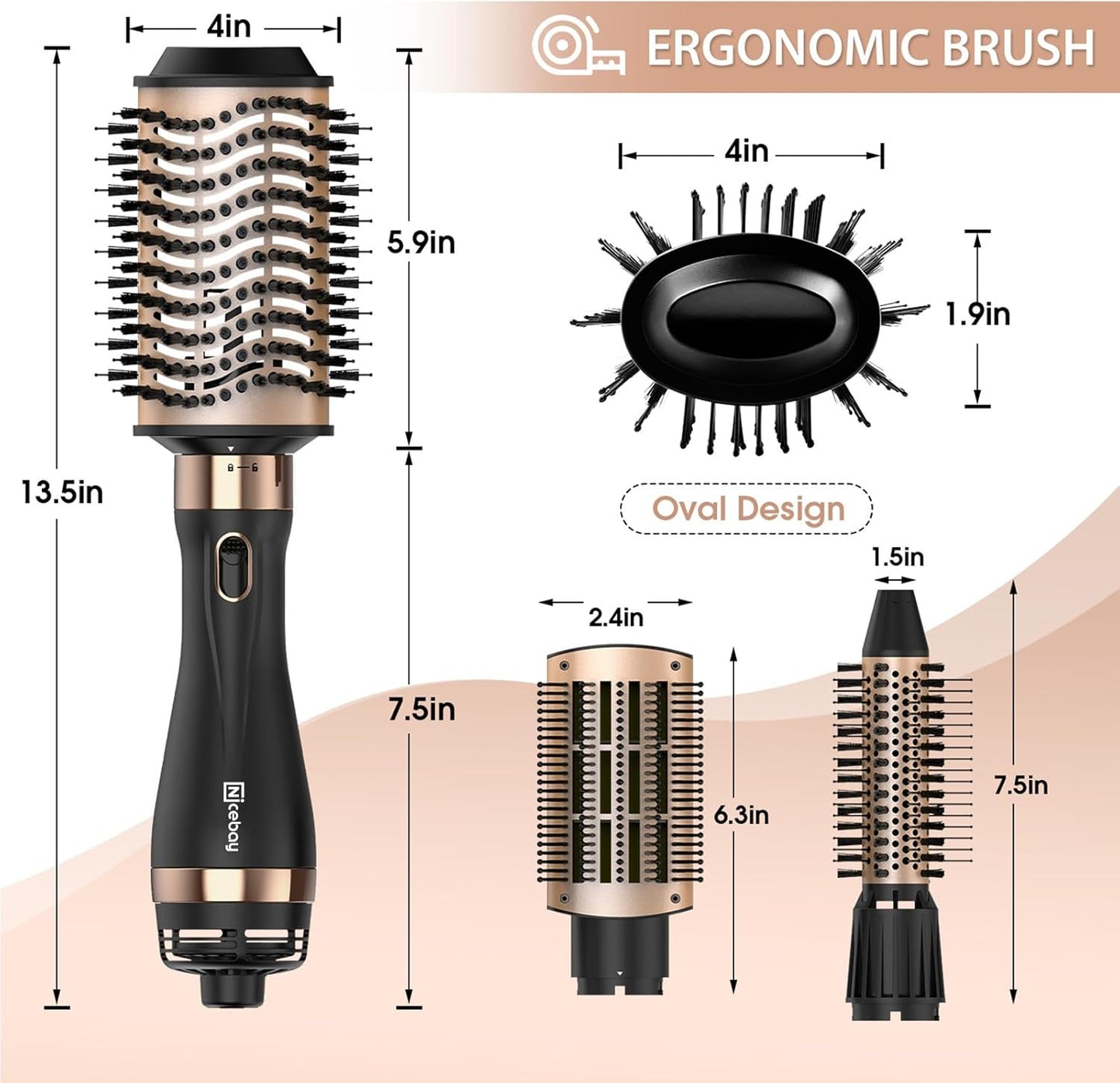 Nicebay Hair Dryer Brush Blow Dryer Brush in One, Hot Air Brush Set for Straightening/Drying/Curling, Oval Brush, Multi-Temperature Settings, Detachable Design for Women