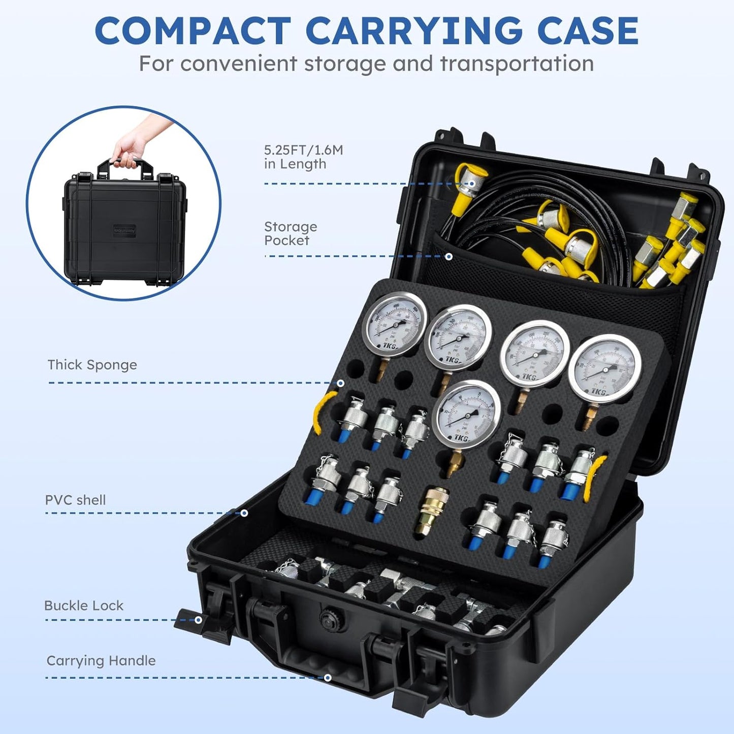 Hydraulic Pressure Test Kit, 5 Gauges (10/100/250/400/600bar) 60mpa 13 Test Couplings 14 Tee Connectors 5 Test Hoses w/Sturdy Portable Carrying Case for Excavator Construction Machinery