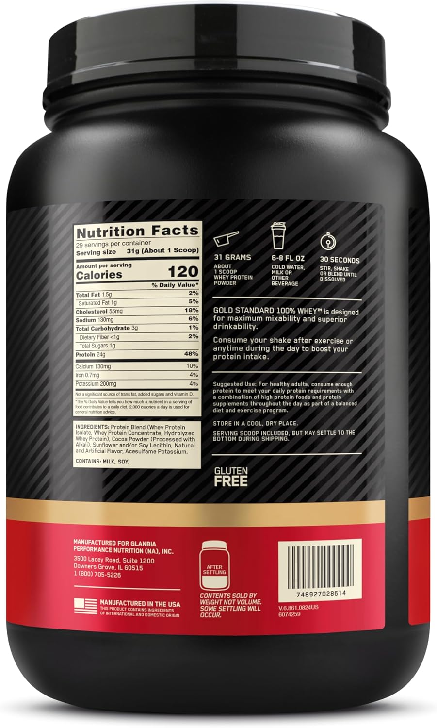 Optimum Nutrition Gold Standard 100% Whey Protein Powder, Double Rich Chocolate, 2 Pound