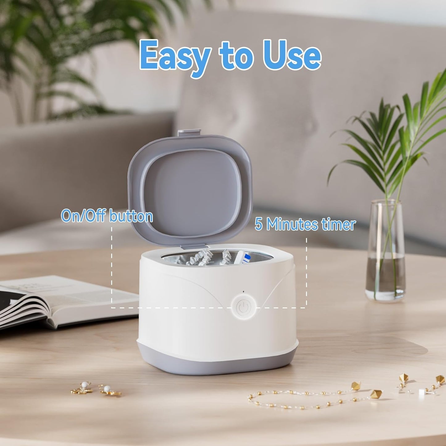 Ultrasonic Retainer Cleaner, Portable Dentures Cleaner Machine with 7.5OZ 46KHz, ATCKIT Dental Cleaner for Mouth Guard, Braces, Aligner, Jewelry, Earring, White