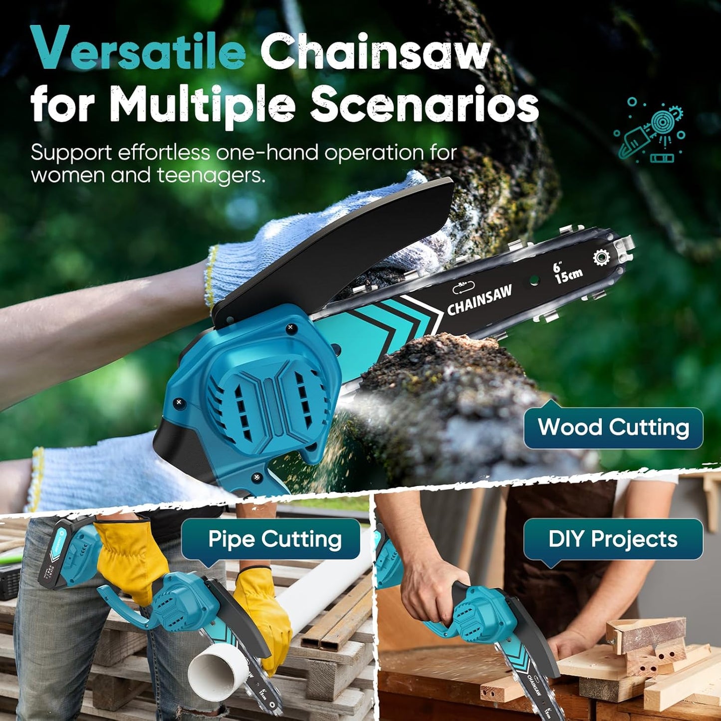 Mini Chain saw, 6-Inch Chain Saw, 2 Pack 2000mAh Batteries, 【Seniors Friendly】 Portable Handheld Chainsaw, Mini Chainsaw Cordless for Wood Cutting Tree Trimming DIY Projects Gardening Camping