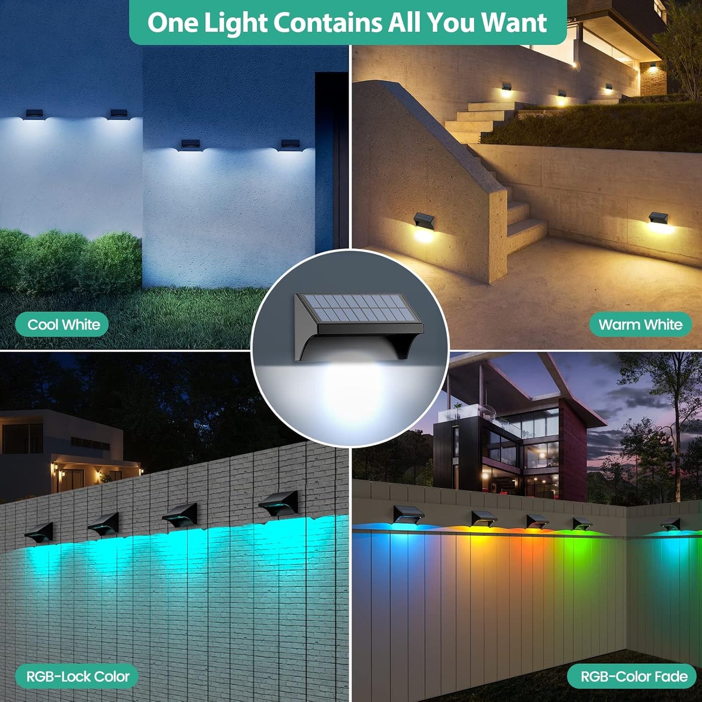 APONUO Solar Fence Lights, Fence Lights with Warm White, Cool White and RGB, LED Lights for Fence, Solar Lights Outdoor Waterproof for Patio, Yard, Garden, Pool, Deck Railing, Wall, Step (6Pack)