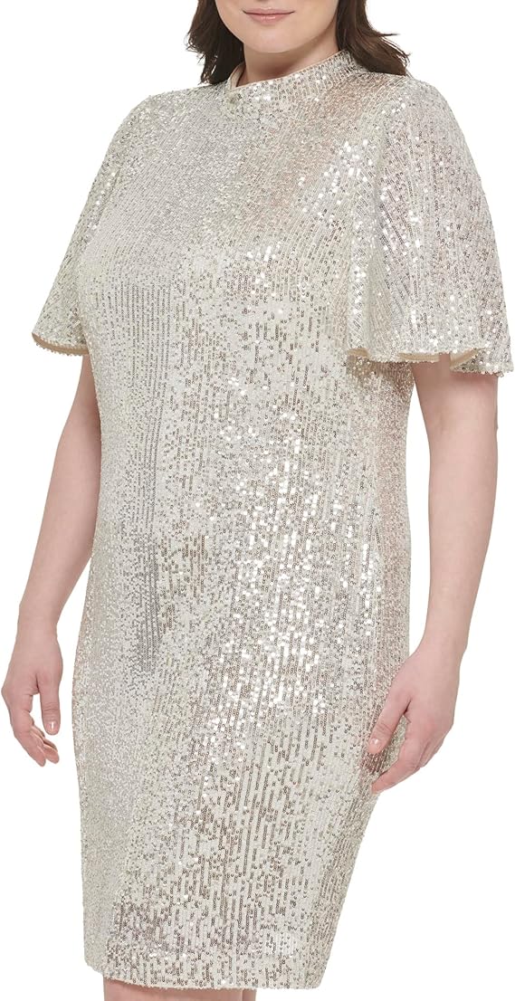 Eliza J Women's Style Sequin Sheath Flutter Sleeve Mock Neck Dress Size 14