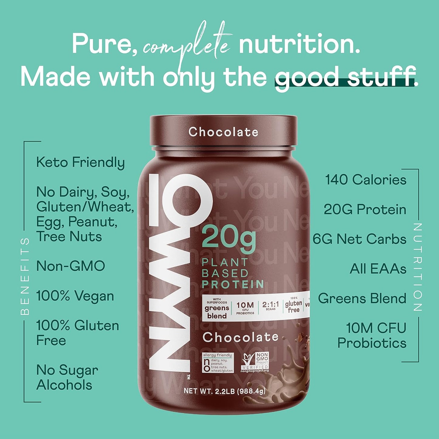 OWYN Only What You Need Dairy Free Protein Powder with 20g Protein, Probiotics, Superfoods Greens, Pea, Chia and Pumpkin Seed Blend (Chocolate, 2.2 Pound - Pack of 1)