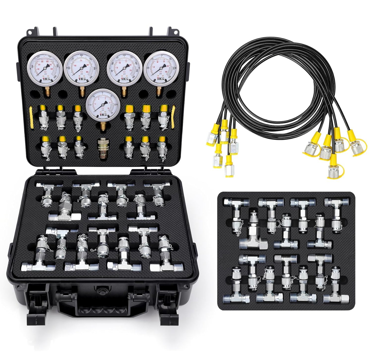 Hydraulic Pressure Test Kit, 5 Gauges (10/100/250/400/600bar) 60mpa 13 Test Couplings 14 Tee Connectors 5 Test Hoses w/Sturdy Portable Carrying Case for Excavator Construction Machinery