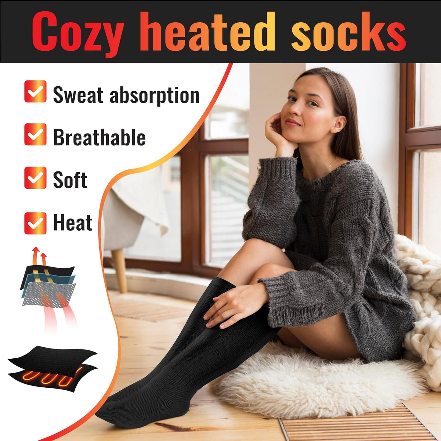 Rechargeable Heated Socks Men Women - Washable Battery Operated Foot Warmer for Ski Hunting - Electric Winter Heating Socks for Work Boot Toe Sleep Bed Indoor Outdoor Sports Walking Research