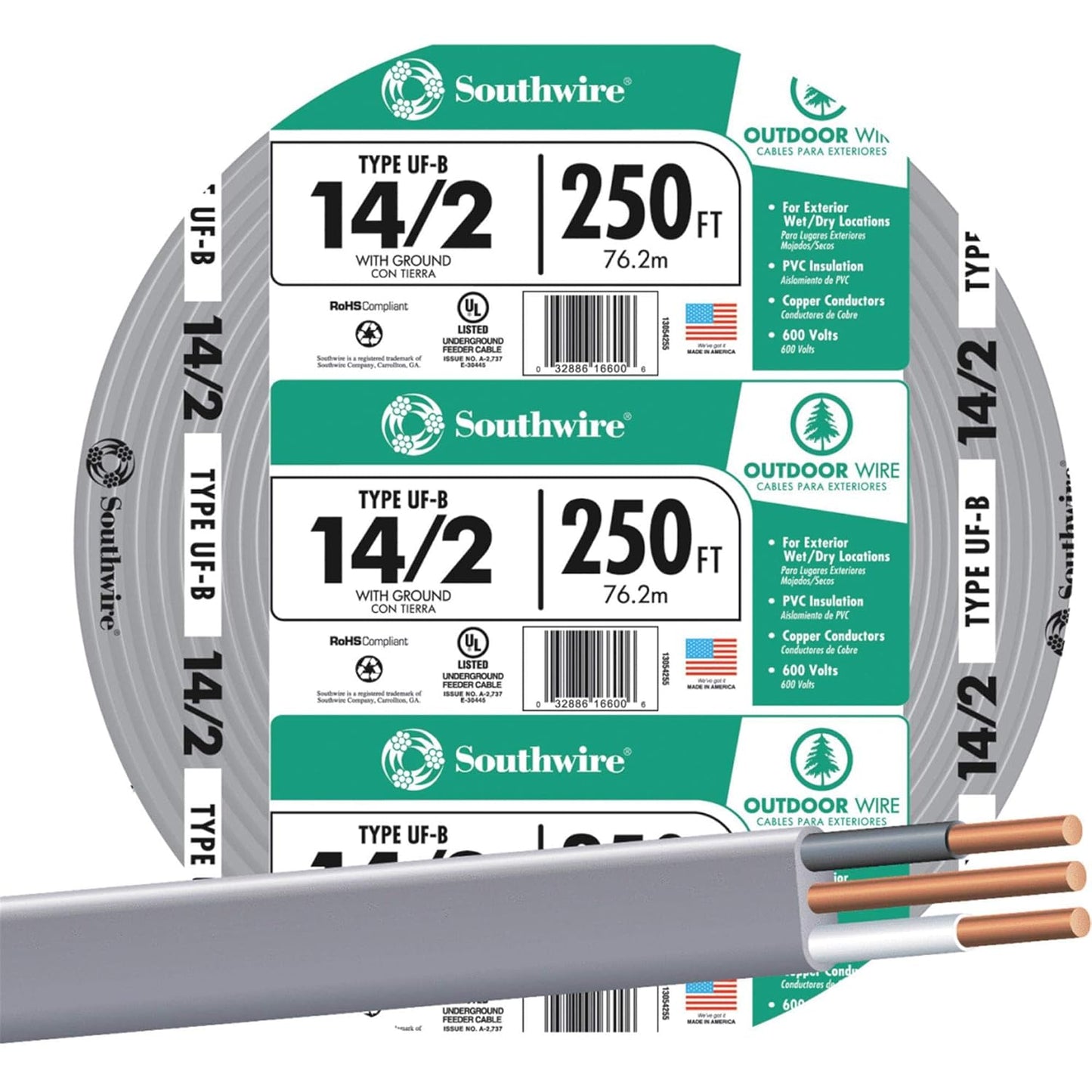 Underground Feeder Cable 14 Gauge, 2 Conductor 250ft Copper UF-B Cable