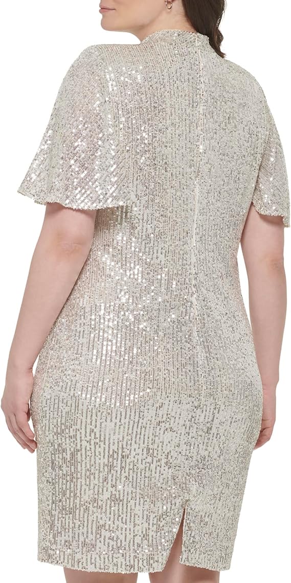 Eliza J Women's Style Sequin Sheath Flutter Sleeve Mock Neck Dress Size 14