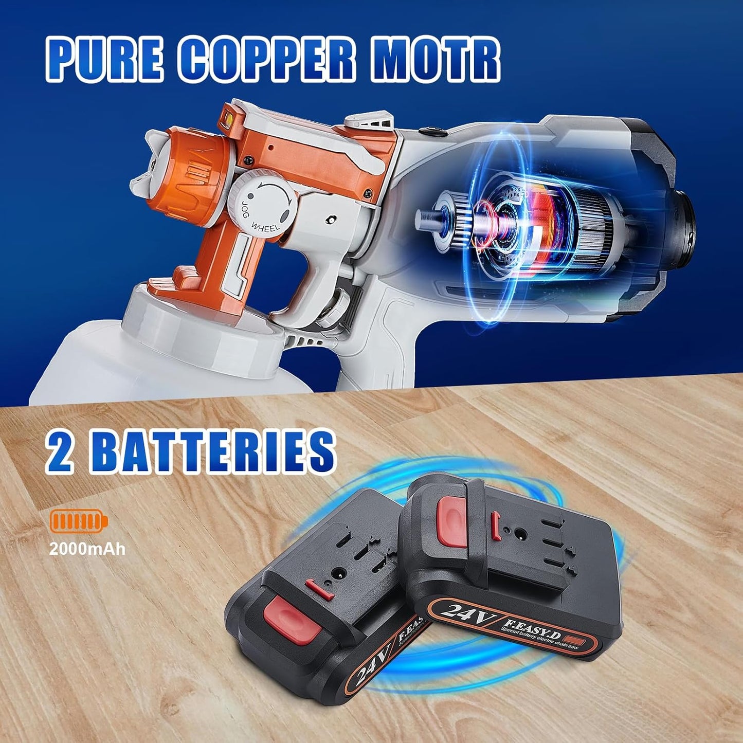 Cordless Paint Sprayer with 24V 2.0Ah Batteries, HVLP Paint Sprayer Gun with 800ml Container,600W High Power Paint Sprayer for Furniture, Cabinets, Fence, Walls, Door, Garden Chairs
