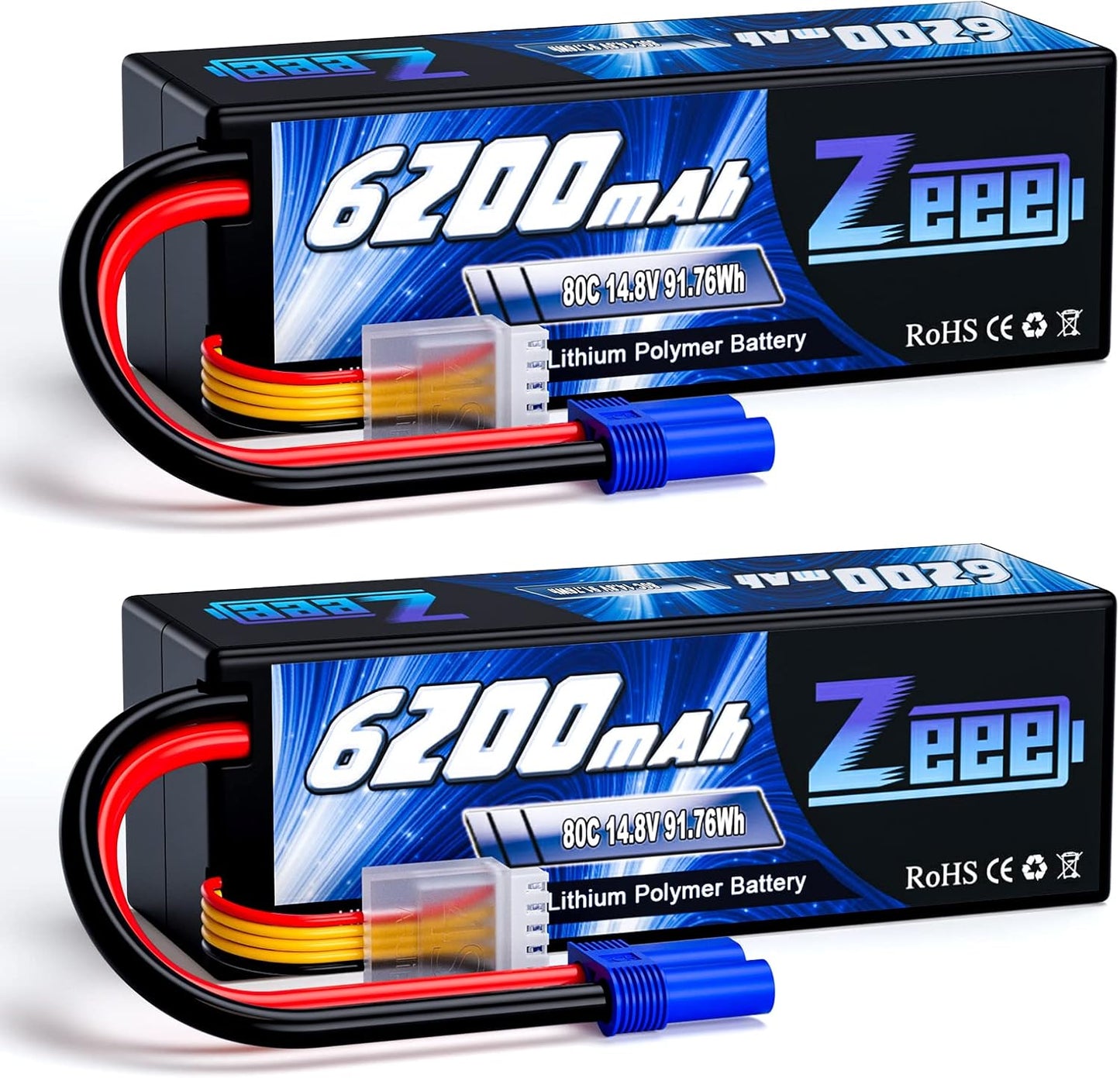 Zeee 4S Lipo Battery 6200mAh 14.8V 80C Hard Case Battery with EC5 Connector for Car Truck Tank RC Buggy Truggy Racing Hobby(2 Packs)