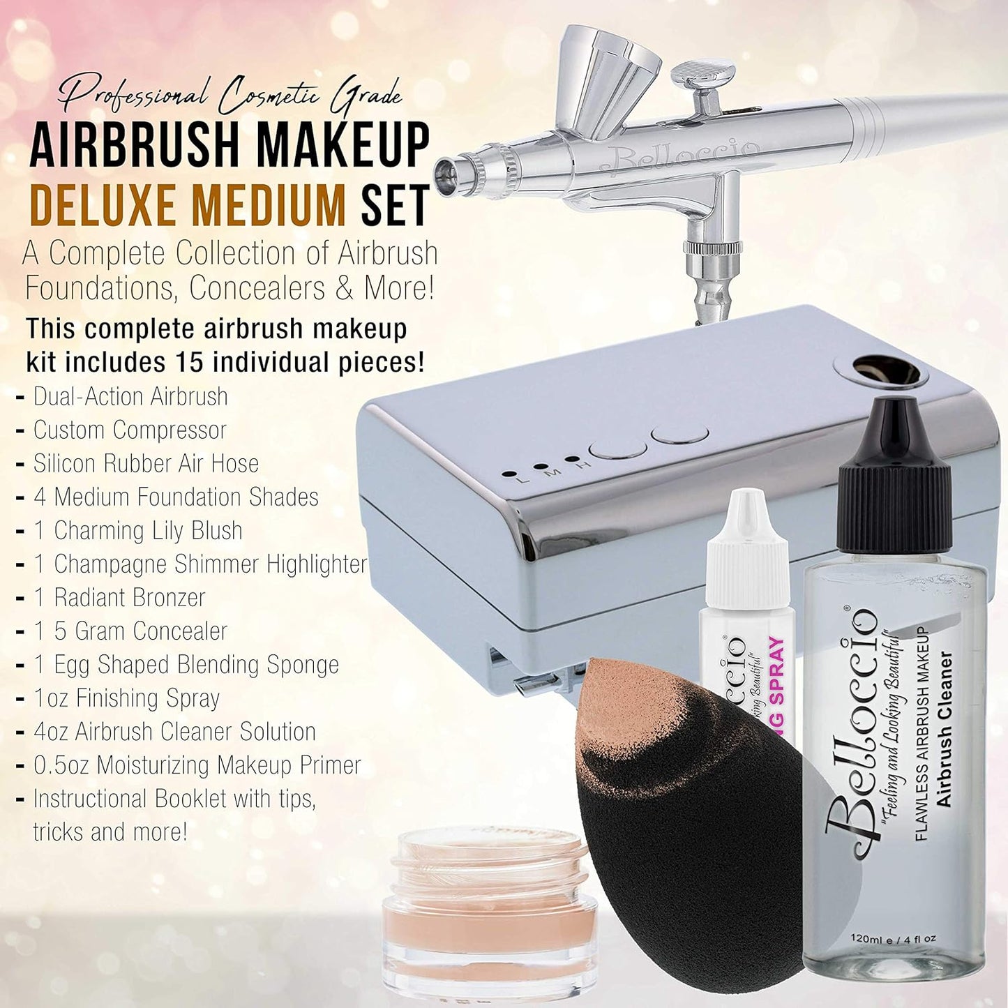 Belloccio Professional Beauty Deluxe Airbrush Cosmetic Makeup System with 4 Medium Shades of Foundation in 1/2 oz Bottles - Kit includes Blush, Bronzer and Highlighters
