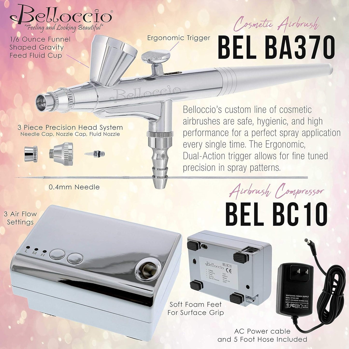 Belloccio Professional Beauty Deluxe Airbrush Cosmetic Makeup System with 4 Medium Shades of Foundation in 1/2 oz Bottles - Kit includes Blush, Bronzer and Highlighters