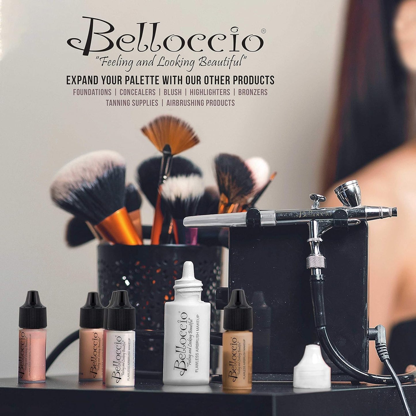 Belloccio Professional Beauty Deluxe Airbrush Cosmetic Makeup System with 4 Medium Shades of Foundation in 1/2 oz Bottles - Kit includes Blush, Bronzer and Highlighters