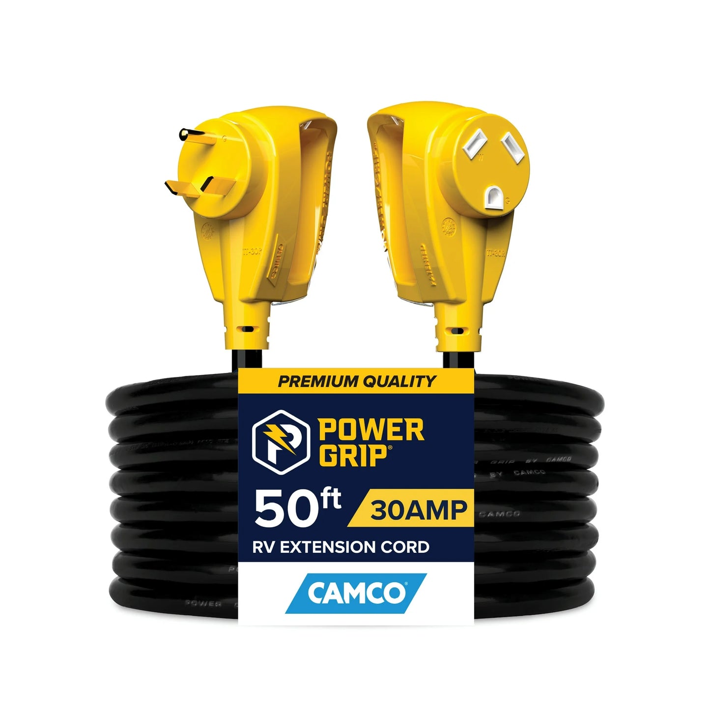 Camco Power Grip 50-Foot 30-Amp EV RV Extension Cord - Copper Wire, Black and Yellow (55197)