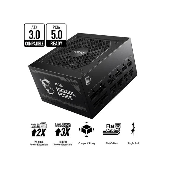 MSI - MAG A850GL PCIE 5.0, 80 GOLD Fully Modular Gaming PSU, 12VHPWR Cable, ATX 3.0 Compatible, 850W Power Supply
