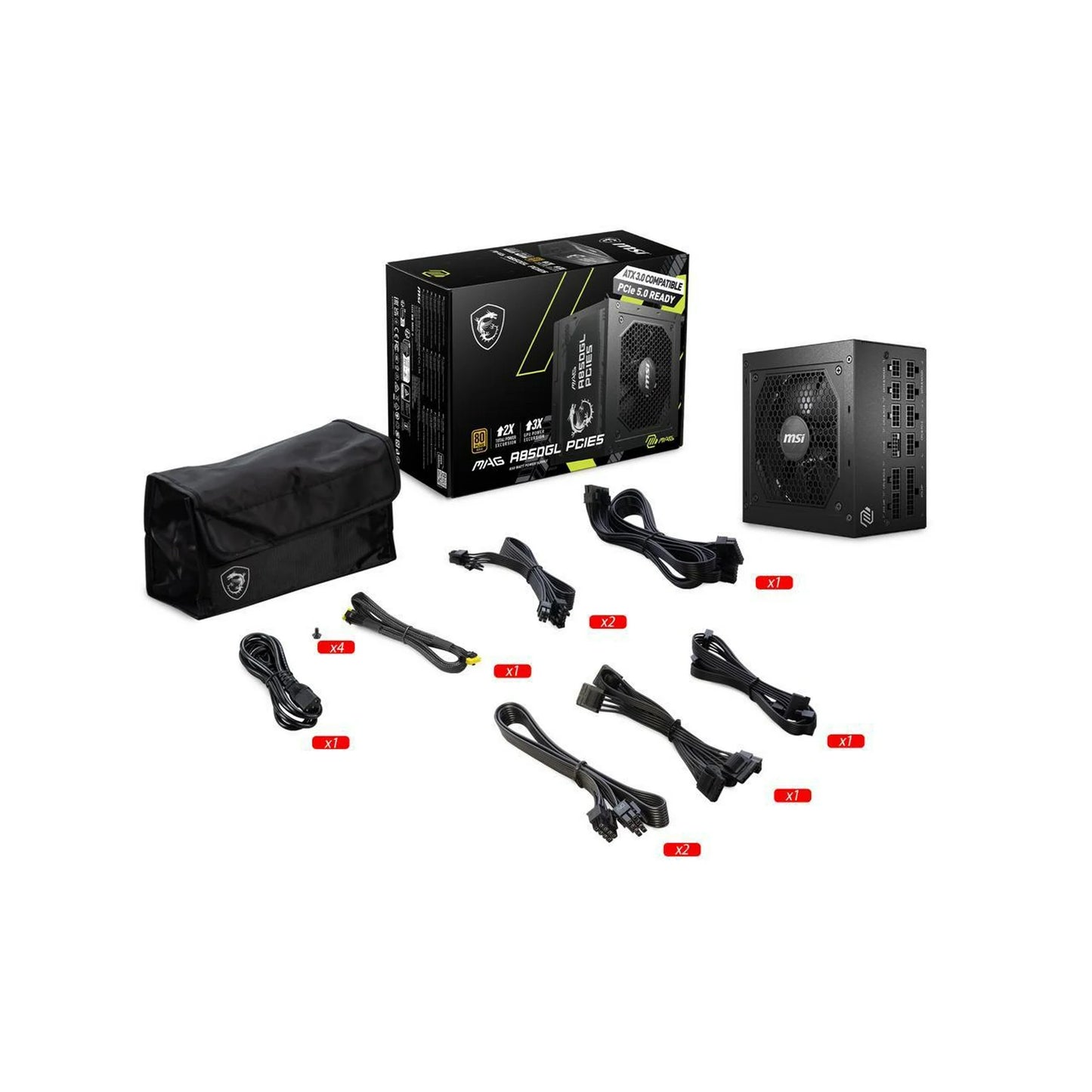 MSI - MAG A850GL PCIE 5.0, 80 GOLD Fully Modular Gaming PSU, 12VHPWR Cable, ATX 3.0 Compatible, 850W Power Supply