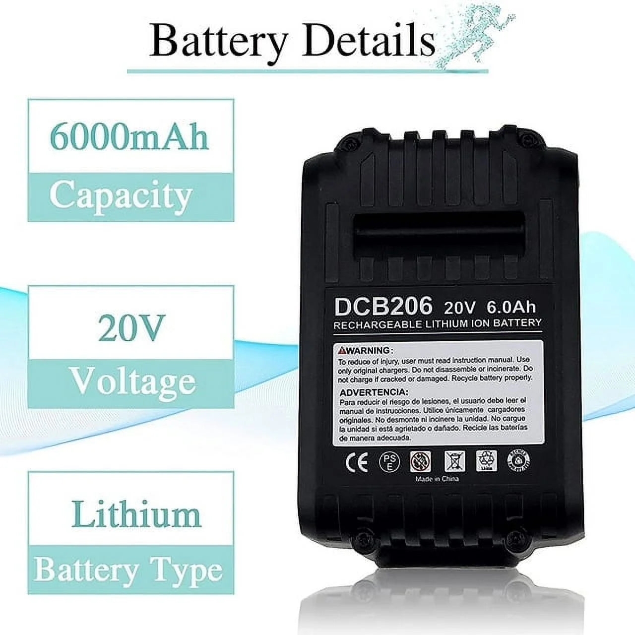 4 Pack 20V For DeWalt 20 Volt Max 6.0AH Lithium Ion Battery DCB201 DCB203 DCB204 Compatible with Dewalt 20 Volt DCD/DCF/DCG/DCS Series Power Tools