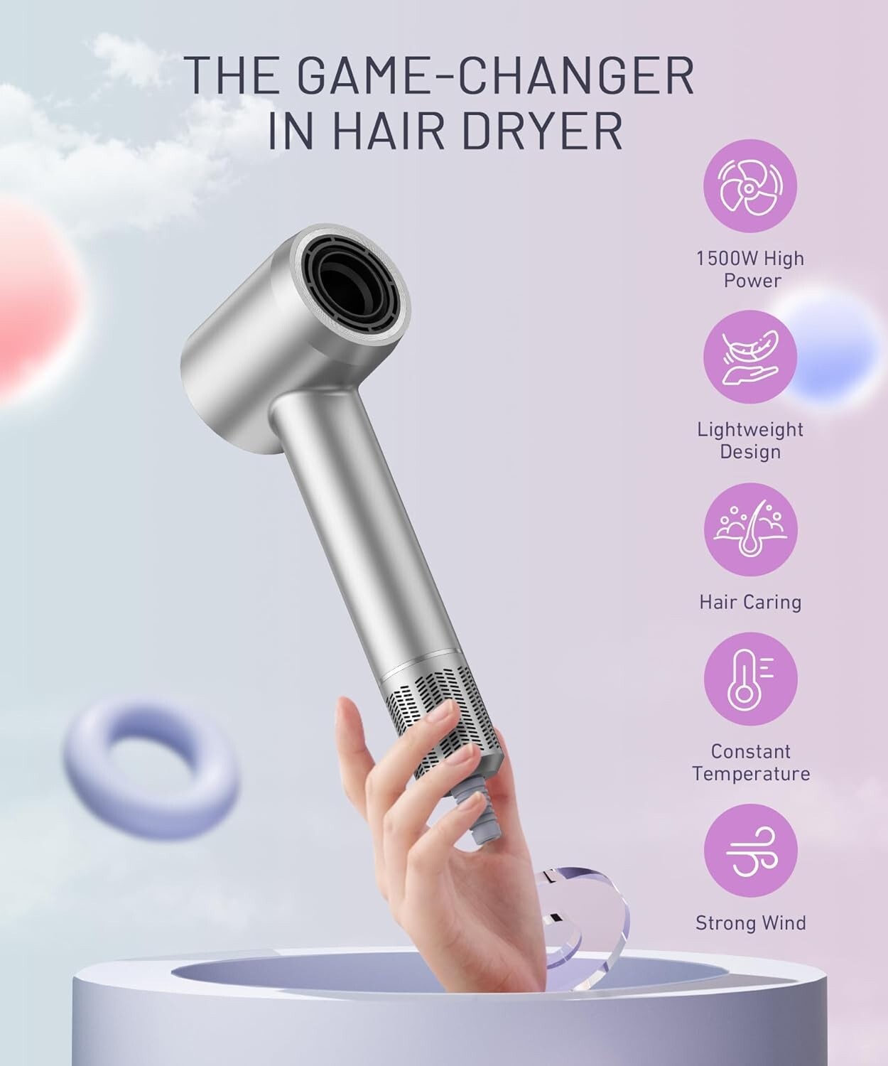 Hair Dryer - 150000 RPM High-Speed Brushless Motor Negative Ionic Blow Dryer