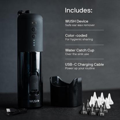 Wush Pro Water Powered Ear Cleaner with 12 Reusable Replacement Tips by Black Wolf - Safe &amp; Effective - Electric Triple Jet Stream with 3 Pressure Settings for Ear Wax Buildup - Ear Wax Removal Kit