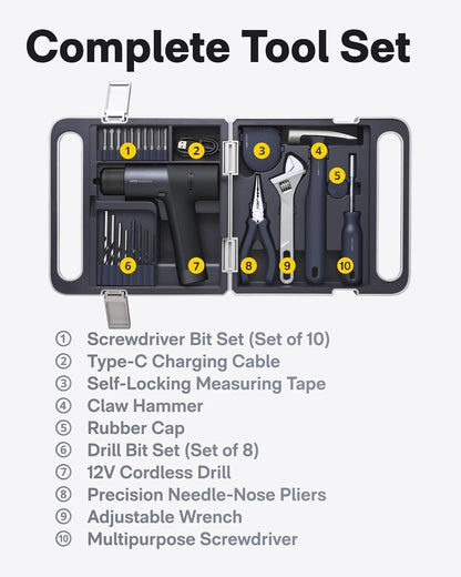 HOTO Cordless Brushless Drill Tool Set, Variable Speed, Hidden Buckle, Unique LE