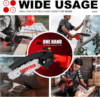 Mini Chainsaw 6 Inch, Gardtech Cordless Portable Electric Chain Saw Handheld Electric Chainsaws with 2023 Upgraded 4 Chains 2 Batteries Good for Olders, DIYer, Gardeners Continuously 2 Hours Work