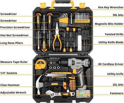 DEKOPRO Drill Bit Set: Tool Set with 8V Yellow Cordless Drill, Home Tool Kit