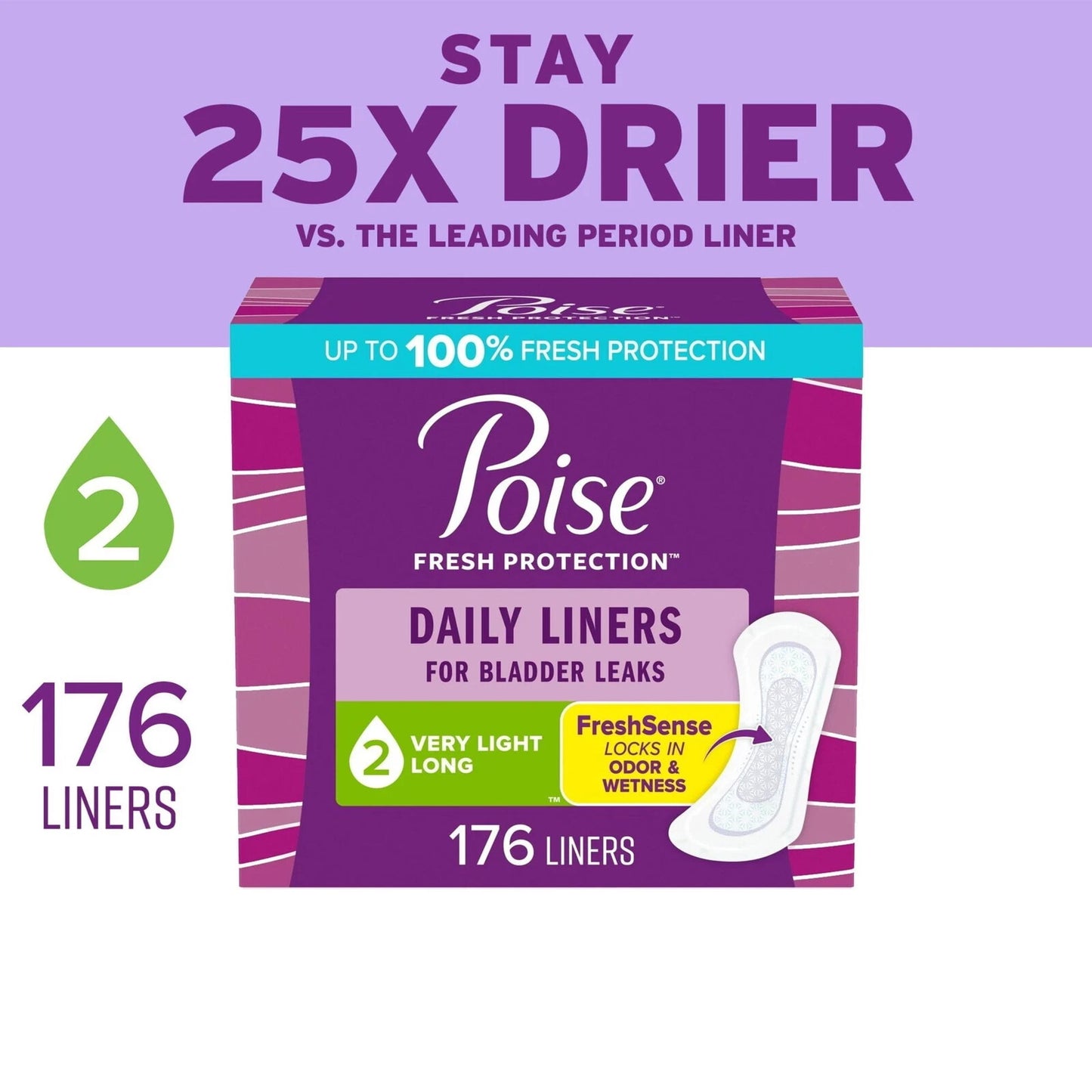 Poise Daily Incontinence Panty Liners, 2 Drop Very Light Absorbency,176 Count