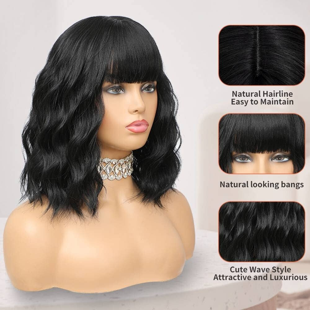 Black Wig with Bangs Wig for Women 12in Short Bob Wavy Curly Wig Natural Black H