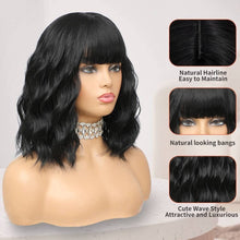 Black Wig with Bangs Wig for Women 12in Short Bob Wavy Curly Wig Natural Black H