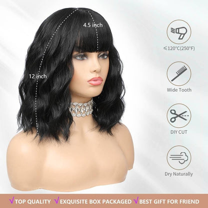 Black Wig with Bangs Wig for Women 12in Short Bob Wavy Curly Wig Natural Black H