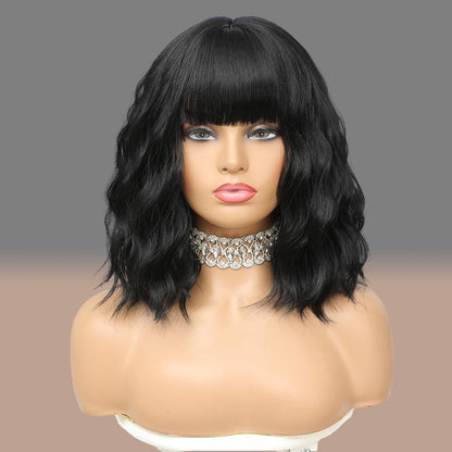 Black Wig with Bangs Wig for Women 12in Short Bob Wavy Curly Wig Natural Black H