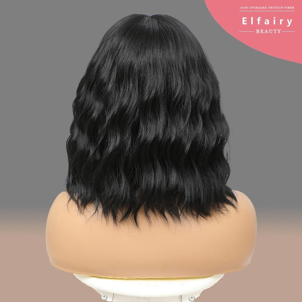 Black Wig with Bangs Wig for Women 12in Short Bob Wavy Curly Wig Natural Black H