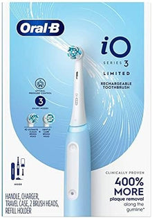 Oral-B iO Series 3 Limited Edition Electric Toothbrush with 2 Brush Heads, Ultimate Clean, Gentle Care, Pressure Sensor, Rechargeable, Blue, with Compatible Microfiber Cleaning Cloth