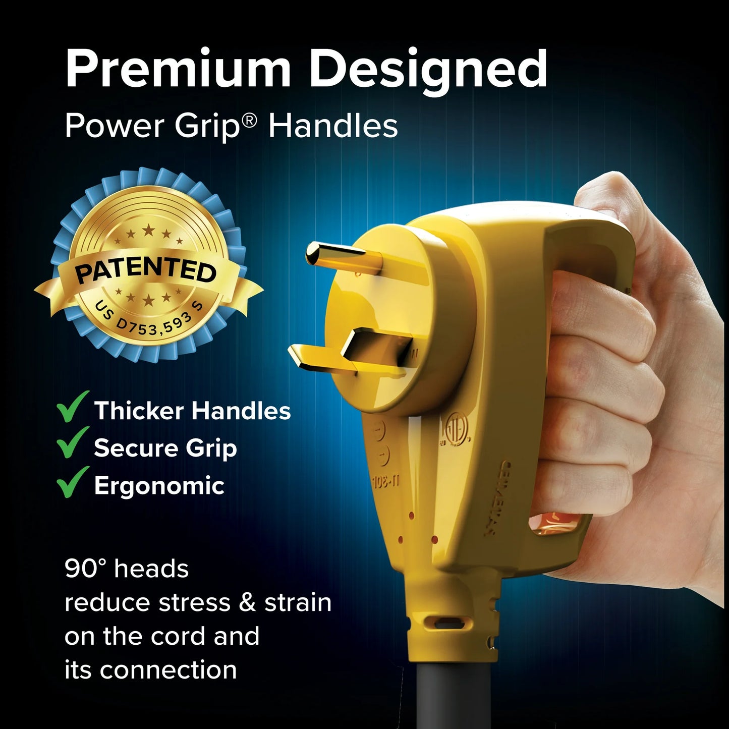 Camco Power Grip 50-Foot 30-Amp EV RV Extension Cord - Copper Wire, Black and Yellow (55197)