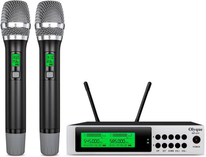Olyque Wireless Microphones, All Metal Dynamic Professional UHF Dual Handheld Cordless Microphone, Auto Scan, 300ft for Parties, Events and Church(HP-619)