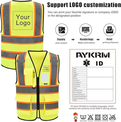 AYKRM 11 color High Vis Reflective Safety Vest for Women Men Security Pocket Zipper Size 2XL