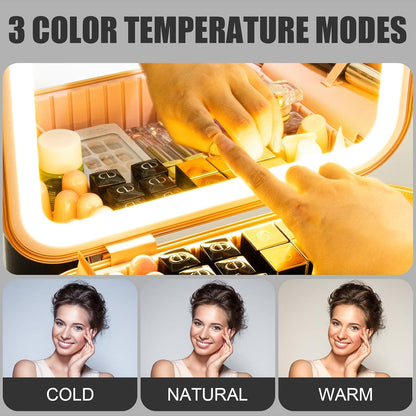 Travel Makeup Train Case With LED Lights, 3 Brightness Adjustable Portable Makeup Organizer, Professional Adjustable Divider Storage Waterproof Makeup Train Case Accessories and Toolboxes