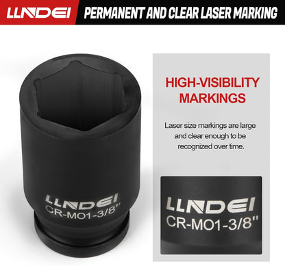 LLNDEI 3/4 inch Drive Impact Socket Set, 12 Piece Heavy Duty CR-MO Deep/Jumbo Sockets 6 Point Design, SAE 3/4" to 1-9/16", for Large Vehicle and Apparatus Maintenance