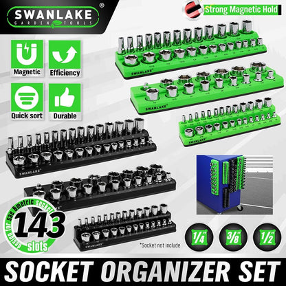 Magnetic Socket Organizer Set, 6-piece 1/4", 3/8", 1/2" SAE & Metric Socket Holder, Drive Socket Trays, Storage Tool Box, Holding 143 Slots, Soft Rubber Covering Black Green Tools