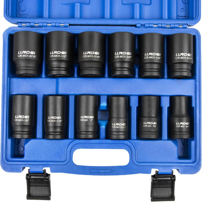 LLNDEI 3/4 inch Drive Impact Socket Set, 12 Piece Heavy Duty CR-MO Deep/Jumbo Sockets 6 Point Design, SAE 3/4" to 1-9/16", for Large Vehicle and Apparatus Maintenance