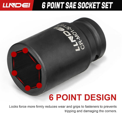 LLNDEI 3/4 inch Drive Impact Socket Set, 12 Piece Heavy Duty CR-MO Deep/Jumbo Sockets 6 Point Design, SAE 3/4" to 1-9/16", for Large Vehicle and Apparatus Maintenance