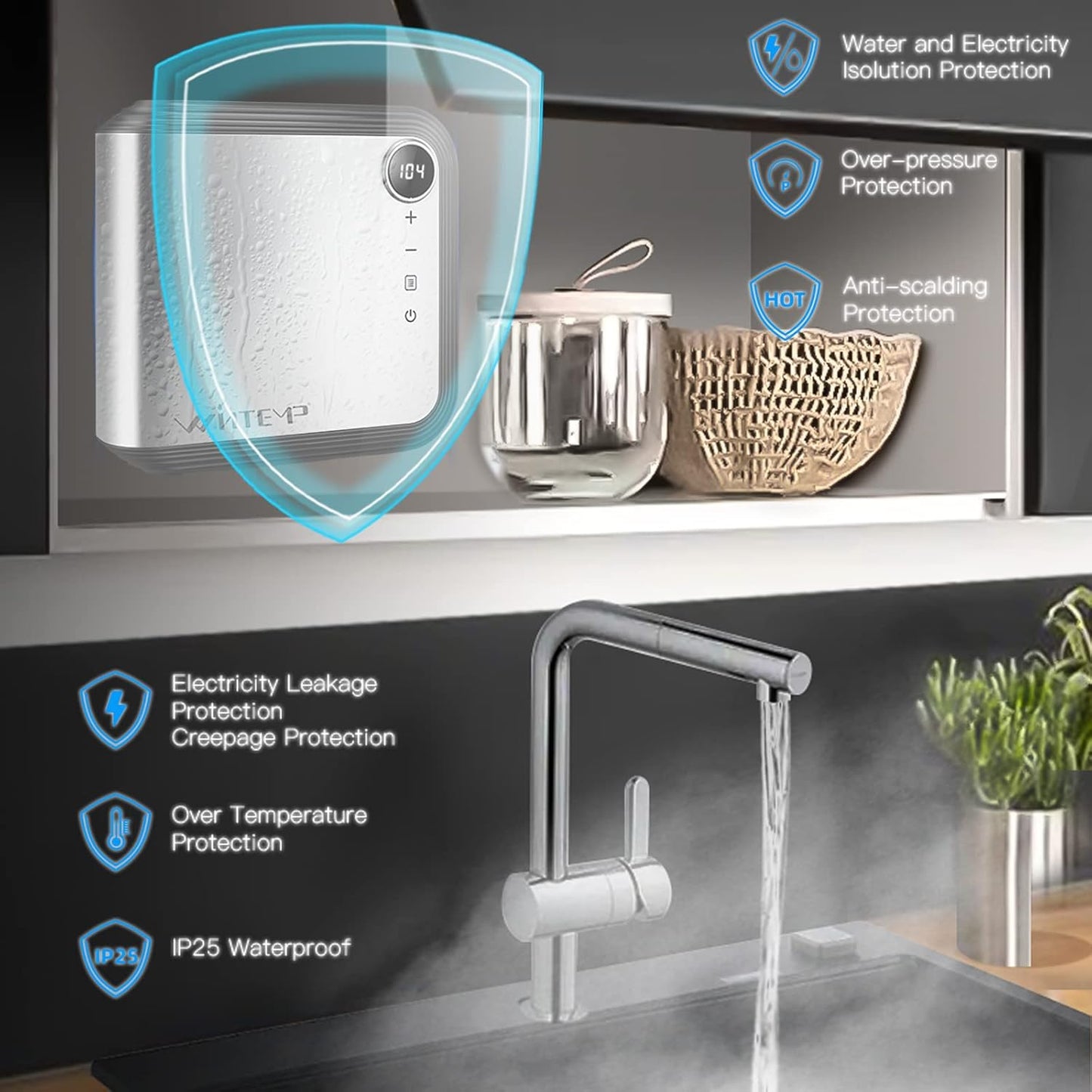 Tankless Water Heater Electric 3.5KW 110~120V, Designed to Provide Hot Water on Demand Without the Need for a Storage Tank, Use a Self - Adjusting Rotatable Digital Display Silver ETL
