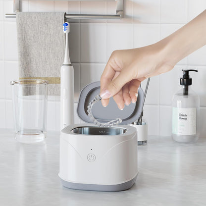 Ultrasonic Retainer Cleaner, Portable Dentures Cleaner Machine with 7.5OZ 46KHz, ATCKIT Dental Cleaner for Mouth Guard, Braces, Aligner, Jewelry, Earring, White